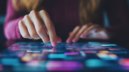 Fototapeta premium Close up of female hand pressing digital screen with colorful interface, showcasing technology interaction and modern design