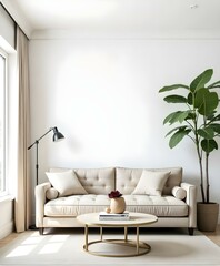 A cozy living room with a beige tufted sofa, a round coffee table, and a large potted plant in the corner. The room has white walls and natural light coming in through the window