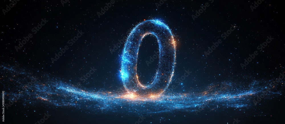 Poster glowing number 0 made of particles on a dark background.