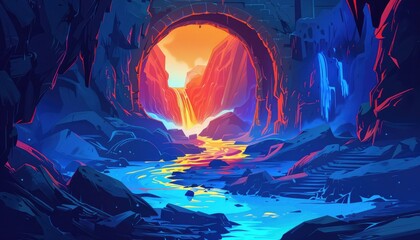 A Brightly Colored Canyon Scene With a Waterfall Flowing Through a Stone Arch