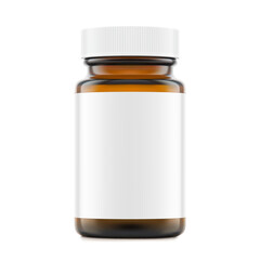 Brown glass wide mount bottle with screw cap and label mockup for treats, vitamins, supplements isolated on white background. Vector illustration. Ready for your design. EPS10.