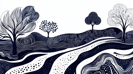 A surreal black and white abstract landscape featuring stylized trees and wavy patterns, creating a unique artistic design.