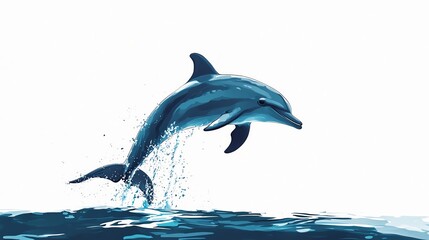 Obraz premium a 2D cartoon illustration of a dolphin jumping out of the water, joyful and playful, white background--ar 16:9