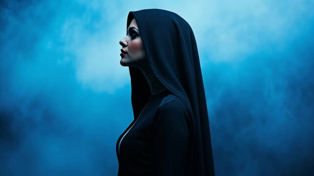 Mysterious woman in black hooded cloak against blue smoke, evokes Halloween and Gothic themes