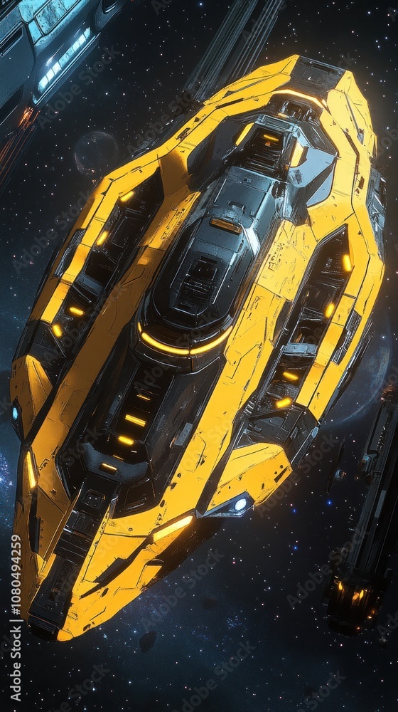 Poster a yellow spaceship with glowing lights and a dark gray engine in the middle, flying through a dark s