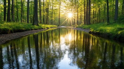 Backlit forest stream with reflective water, sun rays piercing through trees, serene and peaceful scene