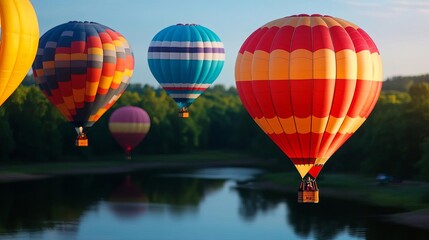 Obraz premium Backlit hot air balloons over reflective lake, vibrant colors and dynamic reflections, festive and joyful