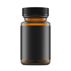 Brown glass wide mount bottle with screw cap and label mockup for treats, vitamins, supplements isolated on white background. Vector illustration. Ready for your design. EPS10.