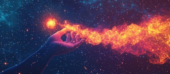 Obraz premium A hand reaches out to touch a stream of fiery energy, creating a trail of light and heat against a backdrop of a starry night sky.