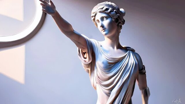 Elegant classical statue of a woman with arm outstretched, bathed in sunlight.