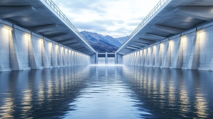A serene view of a concrete water channel with reflections and mountains in the background.