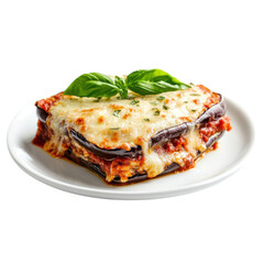 Classic Italian Eggplant Parmesan with Melty Cheese, Tomato Sauce, and Basil for a Hearty Meal PNG Icon on transparent background