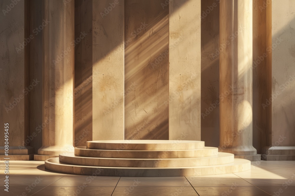 Poster sunlight streaming through classical marble columns, casting soft shadows on steps, creating a seren