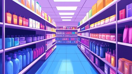A vibrant aisle in a store filled with colorful bottles and products on shelves.