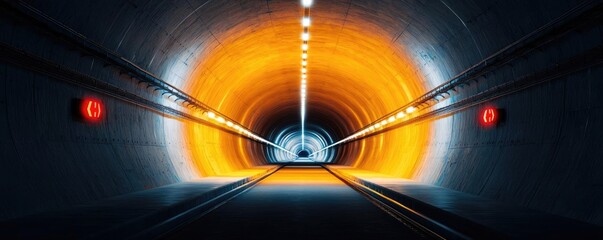 Illuminated tunnel with bright lights and tracks leading into the distance