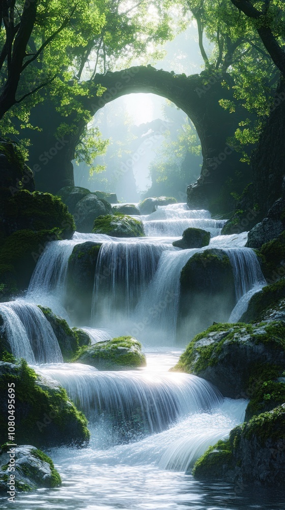 Poster a cascading waterfall flows through a lush green forest, with sunlight filtering through an ancient 