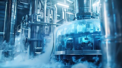 cryogenic laboratory with state-of-the-art equipment for long-term freezing research, background in blue tones