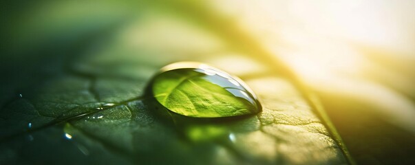 Fototapeta premium Close-up of a droplet of water on a leaf, backlit by sunlight, reflective surface magnifying intricate details, natural and vibrant
