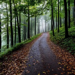 Obraz premium Foggy forest path backlit by morning light, reflective dew on leaves creating a magical mood