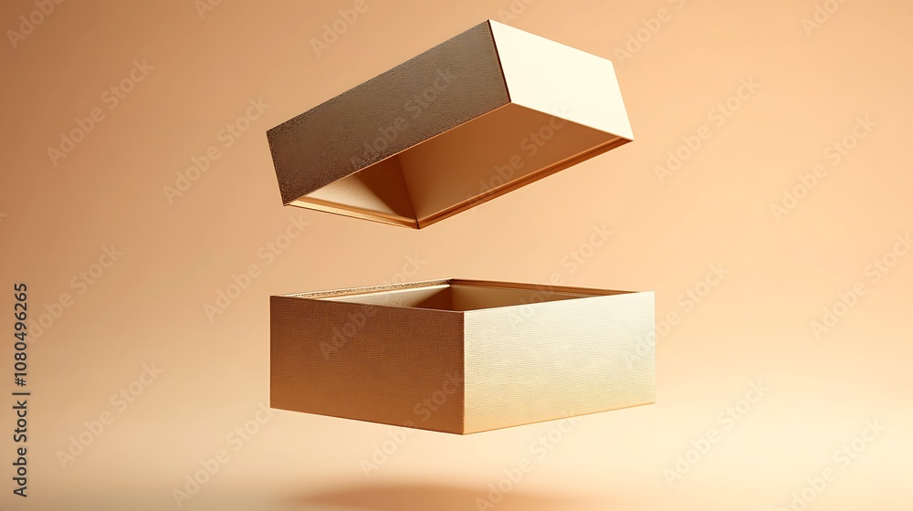 Poster floating open box on soft orange background, minimalist and modern design, perfect for creative prod