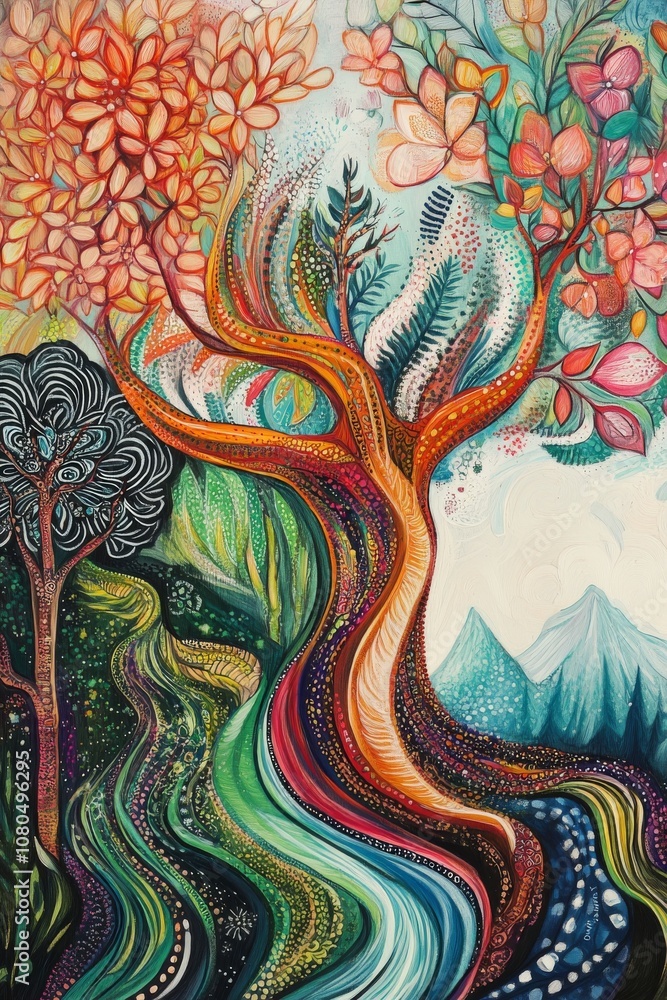 Poster a vivid abstract painting of a tree with colorful leaves, surrounded by flowing patterns and mountai