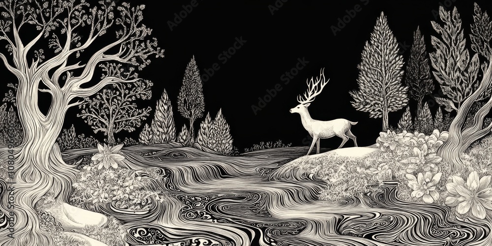 Poster Detailed line art of a forest with a deer by a river, showcasing intricate patterns and nature elements in black and white.