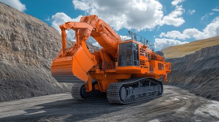 Obraz premium A large orange excavator on a construction site, designed for heavy digging and earthmoving.