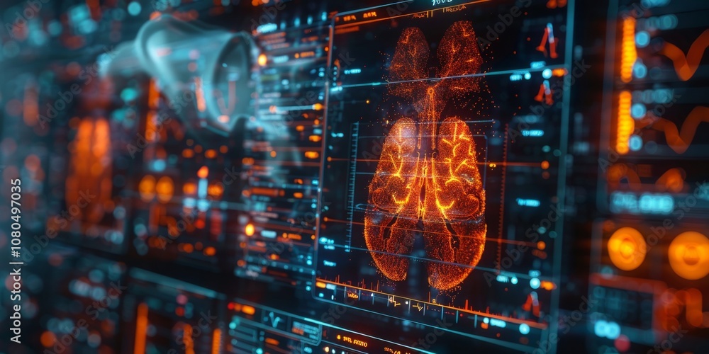 Poster high-tech medical display showing detailed lung scan and data in vibrant orange and blue, symbolizin