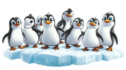 Obraz premium a 2D cartoon illustration of a group of penguins standing on ice, cute and chilly, white background--ar 16:9