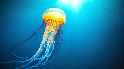 Jellyfish in deep blue water, backlit soft light reflecting off tentacles, ethereal underwater glow