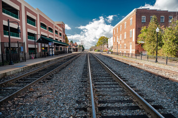Railroad tracks and train station in Manassas, Virginia.