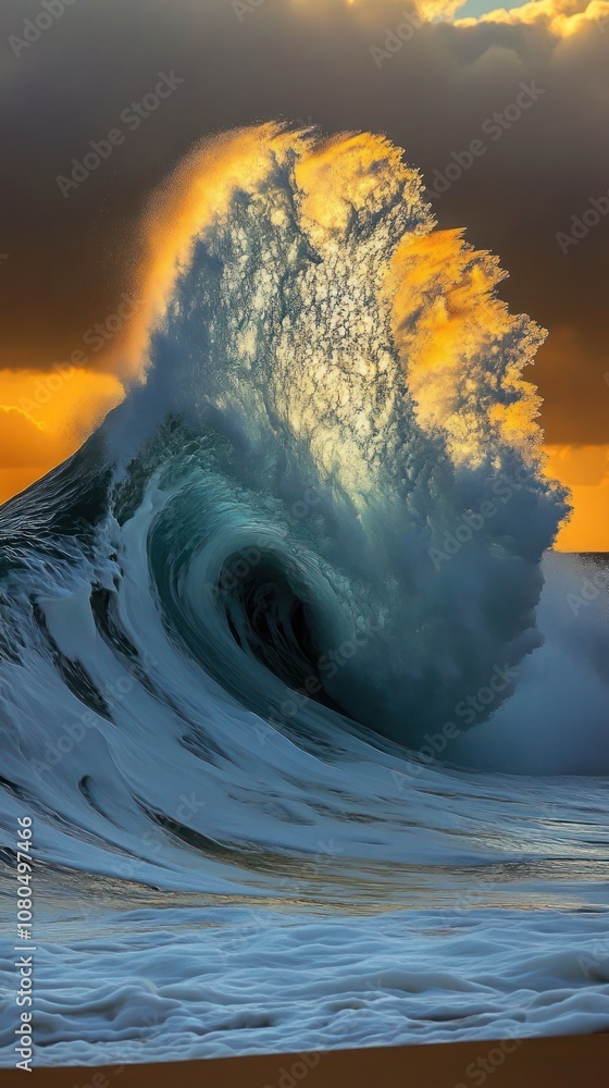 Poster a massive wave crashes on the shore, backlit by the setting sun, creating a stunning display of natu
