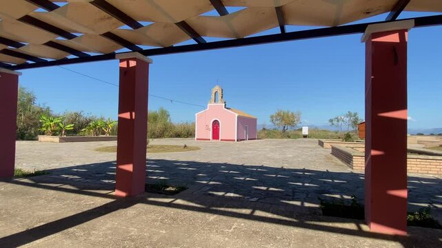 15th century church of Aghios Iaonnis near the village of Alikes, Corfu, Greece  and the salt flats at Lefkimmi. The wetland Alykes Lefkimmis was used for salt production