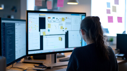A focused individual working at a desk, using multiple screens to manage tasks, surrounded by notes and a collaborative workspace.