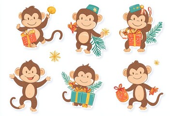 Fototapeta premium A playful group of cartoon monkeys celebrating a festive occasion with gifts and decorations