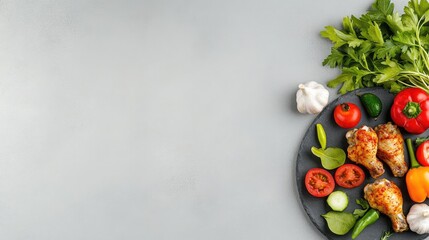 Deliciously seasoned baked chicken wings served on a stone plate with fresh vegetables and garlic on a textured grey background