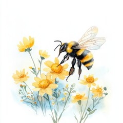 water color illustration of composition of bee and flower for children's books on white background