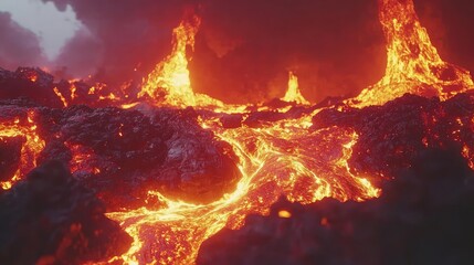 Naklejka premium Lava flows from active volcanoes, creating a fiery landscape in vivid detail.