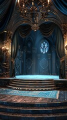 Obraz premium A beautifully ornate Gothic stage featuring chandeliers, blue drapes, and intricate architectural details, perfect for theatrical or fantasy-themed projects.