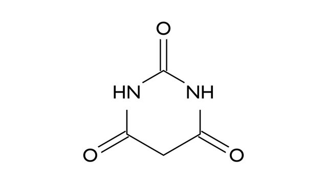 barbituric acid molecule, structural chemical formula, ball-and-stick model, isolated image barbiturates