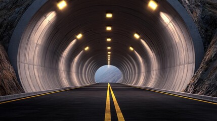 Modern road tunnel with lights illuminating the path ahead.