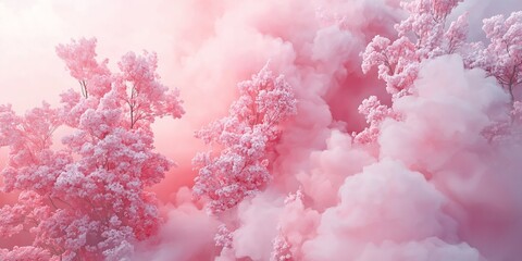 Fototapeta premium A dreamy scene featuring pink clouds and blossoms, capturing an ethereal atmosphere with soft pastel colors.
