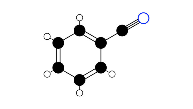 benzonitrile molecule, structural chemical formula, ball-and-stick model, isolated image aromatic organic compound