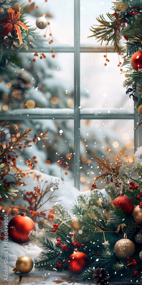 Poster a window with a wreath of red and green decorations is displayed. the wreath is placed on the window