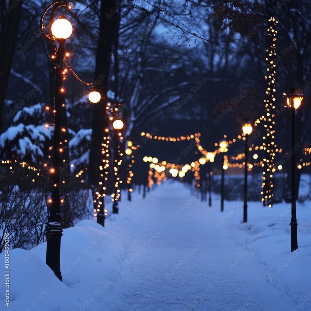 Poster a serene winter scene featuring a snow-covered path lined with glowing lights, creating a magical at