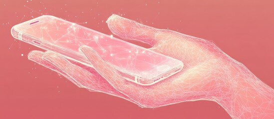 Hand holding smartphone with pink and white lines and dots in the background.
