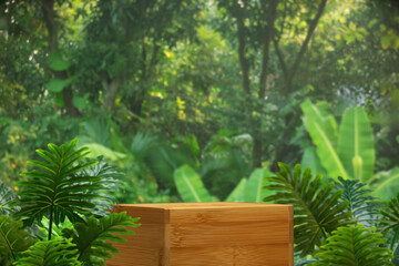 minimal wood podium table top floor in outdoors tropical garden forest green leaf plant nature background.Natural product placement pedestal stand display,jungle paradise concept.