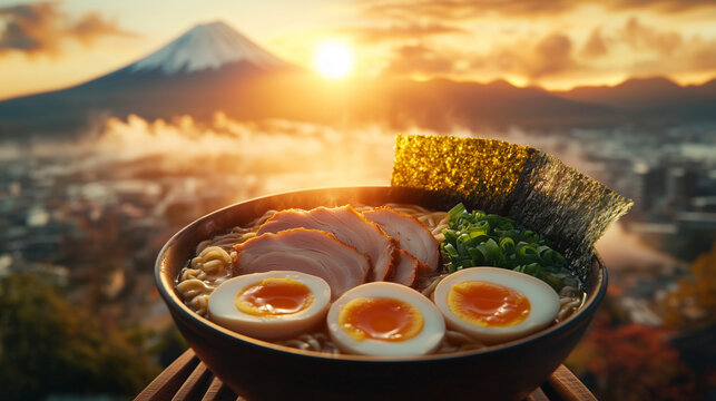 Chinese landscape with a ramen bowl
