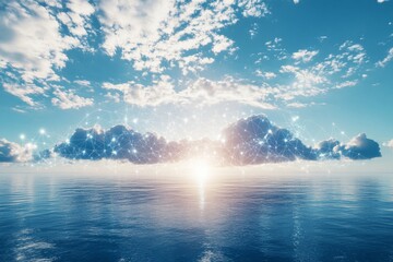 Abstract cloud computing growth visualization over a calm ocean representing digital transformation
