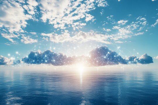 Abstract cloud computing growth visualization over a calm ocean representing digital transformation